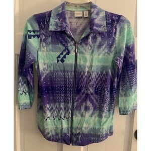 Weekends by Chicos seafoam purple rhinestone zip up lightweight jacket 0 XS/ Sm